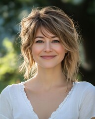 Fototapeta premium A young woman with blonde hair smiling warmly in a natural outdoor setting.