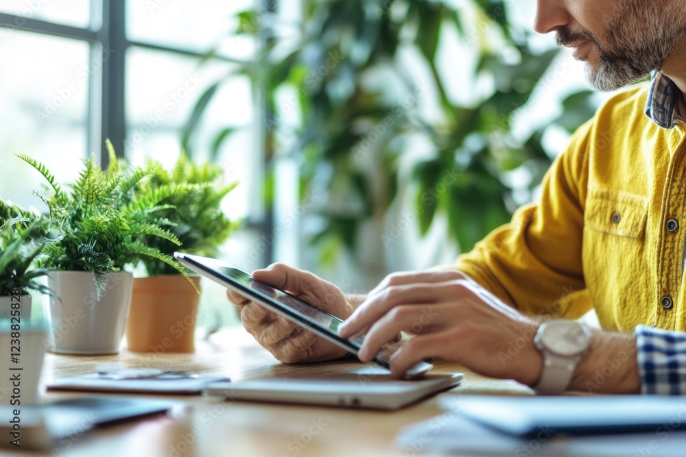 Poster a person sitting at a table using a mobile device