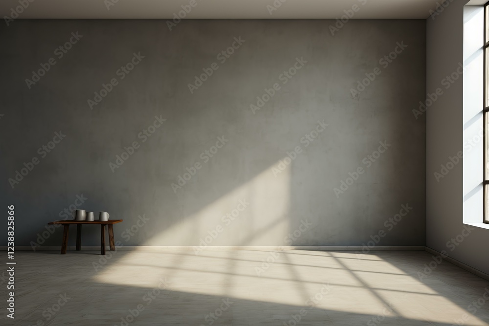 Poster sunlight streaming through window illuminating empty room with concrete wall and simple wooden table