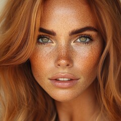 Fototapeta premium Woman with freckles showcasing beauty secrets in realistic photography portrait