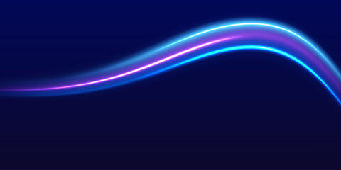 Lines in the shape of a comet against a dark background. Motion light effect for banners. Neon color glowing lines, high speed light trails effect. Purple glowing wave swirl, impulse cable lines. © ellyson