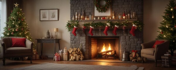 Traditional fireplace with a decorated Christmas tree and hanging stockings,  tradition,  xmas