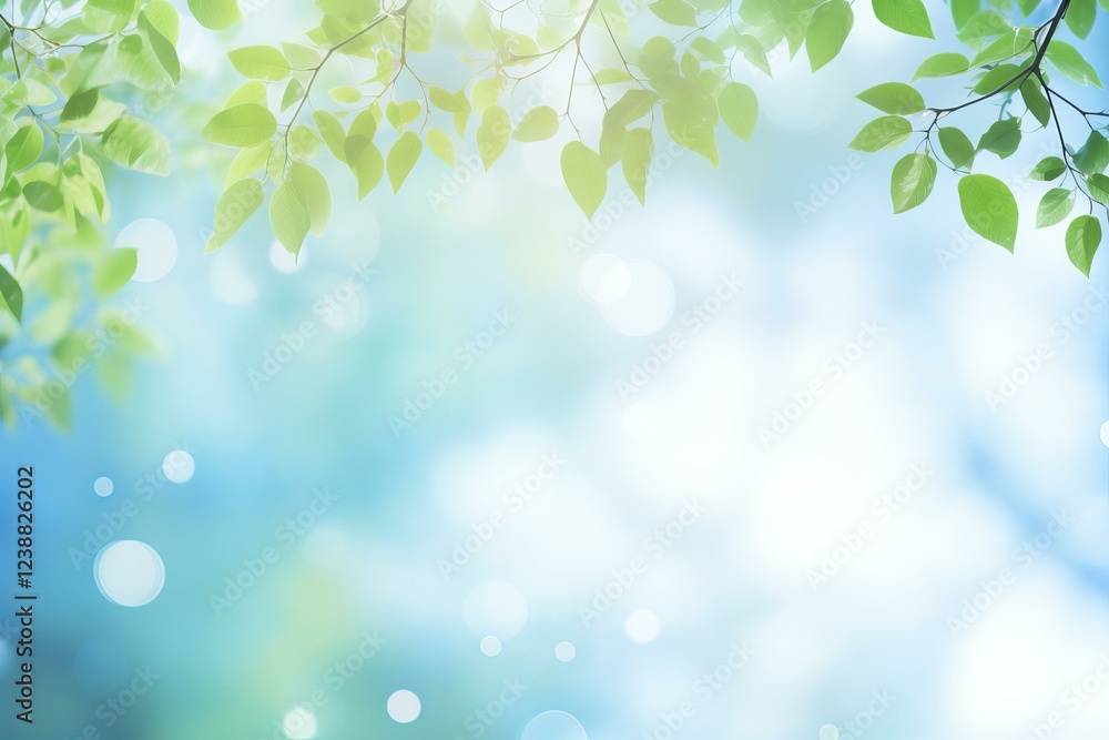 Poster sunlight filters through fresh green leaves, creating a natural frame against a soft, blurred blue s
