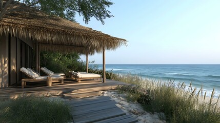 Fototapeta premium Beachside cabana with a straw roof and lounge chairs, facing the ocean.