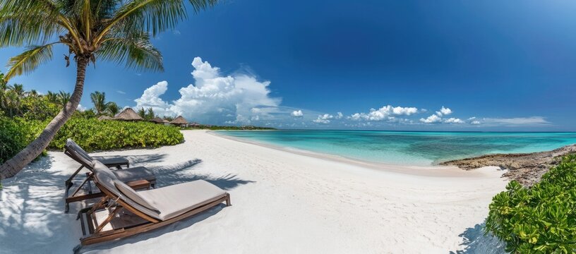 beach panorama with palm tree under a blue sky