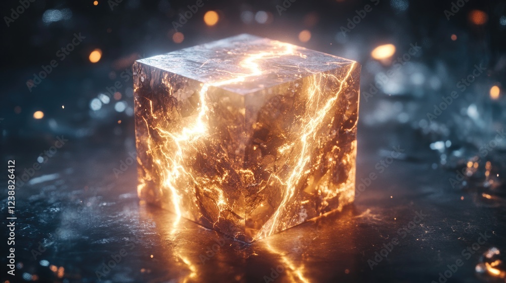 Poster a single glowing ice cube sitting on a table, perfect for use in illustrations or designs where a un