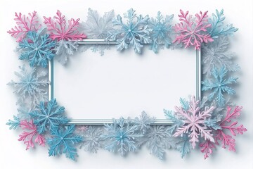 Obraz premium Thin Elegant Frame with Small Light Blue and Light Pink Snowflakes on a White Background