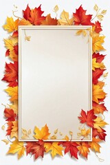 Thin Elegant Frame with Small Red, Yellow, and Orange Maple Leaves on White Background