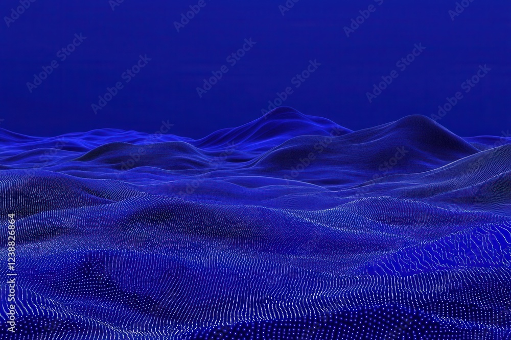 Poster abstract digital landscape with blue waves and mesh patterns