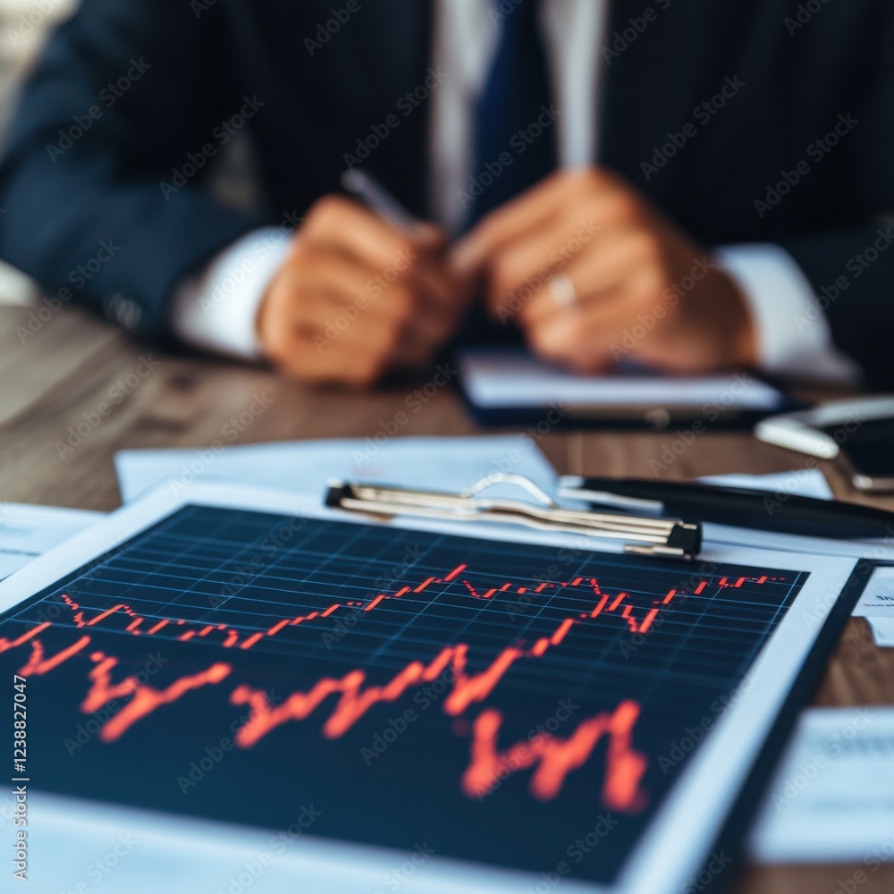 Aufkleber a professional examining a financial report with a focus on a graph showing upward trends, highlight