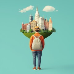 Obraz premium A person stands with a backpack, gazing at a stylized cityscape balanced on a grassy hill against a blue sky with clouds.