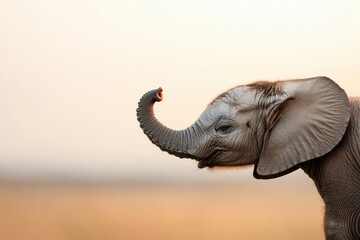 Fototapeta premium Close up portrait of a curious and playful baby African elephant reaching out with its long and flexible trunk in its natural habitat on the African savanna The young elephant display its gray skin