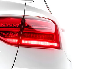 Close-up of modern car tail light, illuminated red brake light on white vehicle, isolated on transparent background, png, sleek automotive design detail captured