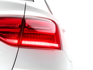 Close-up of modern car tail light, illuminated red brake light on white vehicle, isolated on transparent background, png, sleek automotive design detail captured