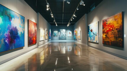 Obraz premium Contemporary art gallery with abstract paintings on the walls.