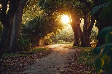Obraz premium A serene scene of sunlight shining through the trees on a winding forest path