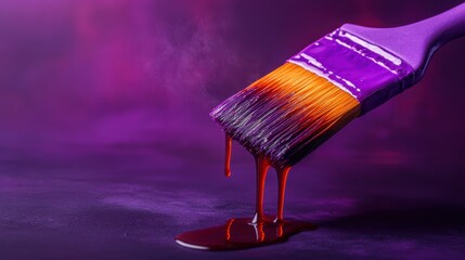 Vivid paintbrush with dripping red paint on purple background