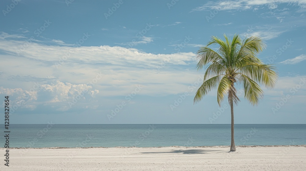 Poster A serene beach stretches out with a single palm tree calmly swaying in the breeze. The azure ocean meets the soft white sand while cottony clouds float overhead, creating a peaceful ambiance