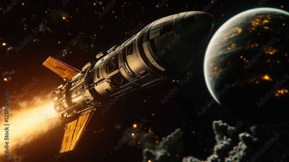 Poster a spacecraft flies through space with a planet in the background, great for use in sci-fi or futuris