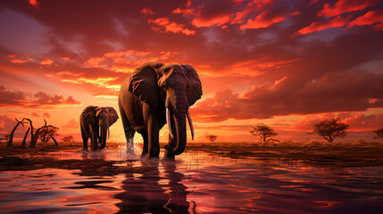 Elephants walking against a stunning sunset with dramatic sky and vibrant colors in the African savannah