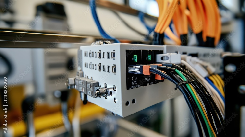 Poster close up of an automated control system with various colored cables and connectors, highlighting inn