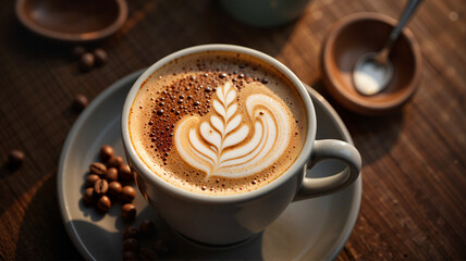 Aromatic melange coffee with delicate foam in cozy café nook, warmth