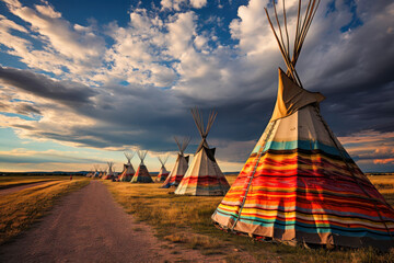 Colorful tepees under a dramatic sky at sunset in the Great Plains showcasing native culture and tranquil beauty