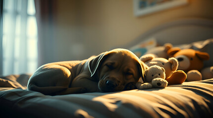 Sleeping Labrador Puppy on Child’s Bed – Cozy Morning Nap