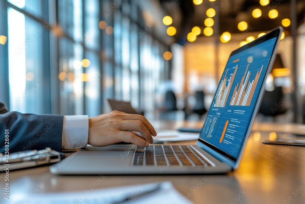 Poster a professional working on a laptop displaying data analytics in a modern, well-lit office environmen