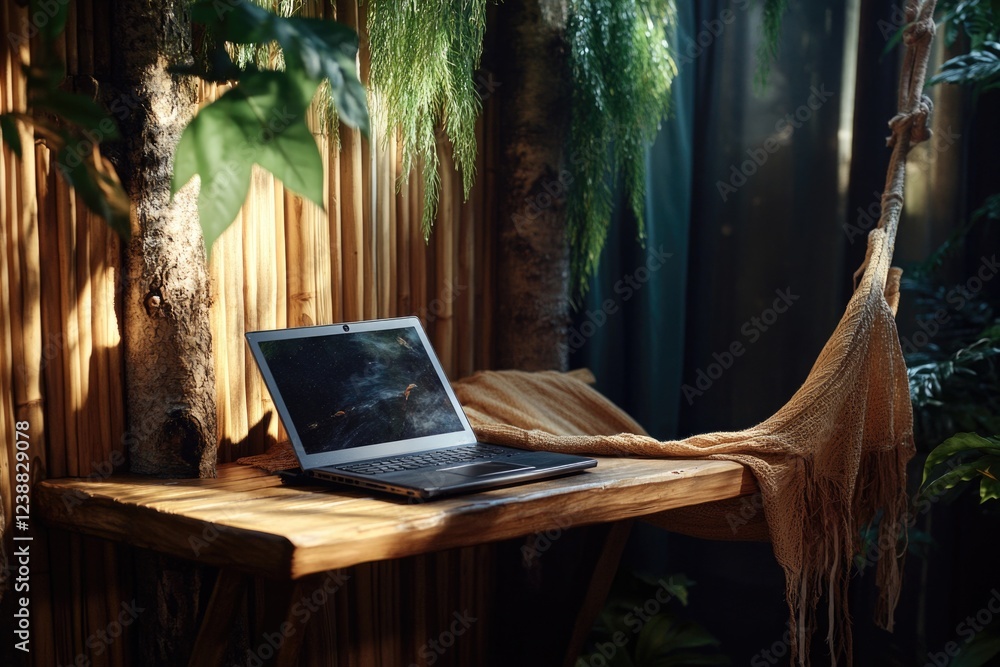 Poster a laptop computer sitting on a wooden table with a simple background