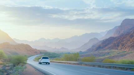 A serene landscape featuring a car driving along a winding road, surrounded by mountains and a soft, colorful sky at dawn or dusk.