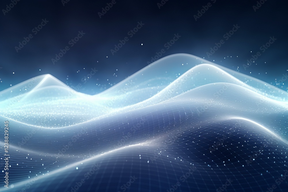 Poster abstract glowing white particles flowing over a grid pattern on a dark blue background, creating a f
