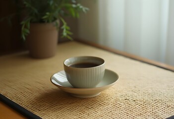 Fototapeta premium Elegant Japanese Coffee Moment with Ceramic Cup on Tatami Mat