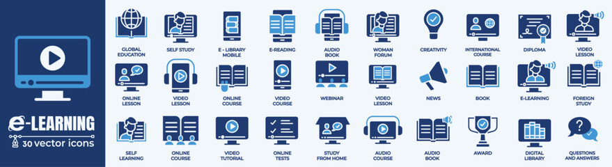 E-learning and Online Education Vector Icons Set. High-quality e-learning, online courses, and education-themed vector icons.