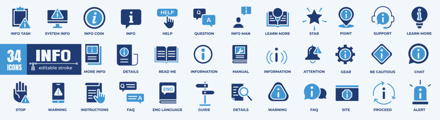 Information and Help Desk Vector Icons Set. Professional icons for info, support, FAQ, and digital guides.