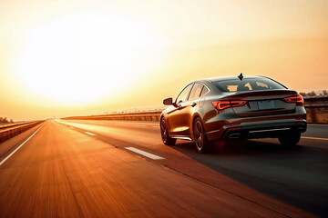 Car driving on highway at sunset , A black car is driving on the intercity road , Generative AI