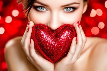 Commercial marketing visual idea art. Youth valentine's day greeting card: young woman with happy face holds red heart in hands. Sign of love and affection. Emotional valentine's gift ideas.