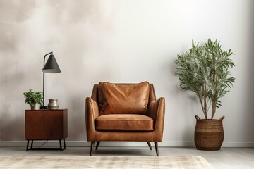 Stylish living room interior with brown leather armchair, wooden cabinet, floor lamp and plant in wicker basket