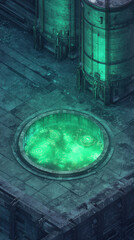 futuristic industrial scene featuring glowing green liquid in circular tank, surrounded by metallic structures