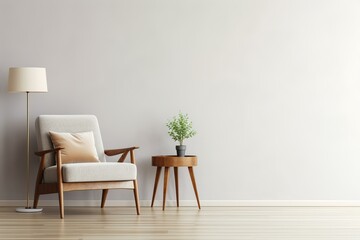 Minimalist interior scene showcasing a modern armchair, floor lamp, and small plant on a wooden side table against a clean wall, creating a stylish and relaxing atmosphere