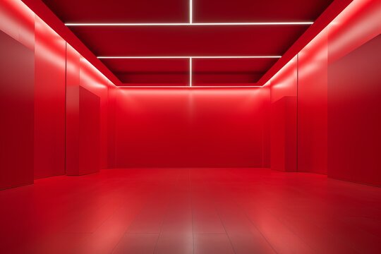 Minimalist interior design featuring an empty red room illuminated by bright white neon lights