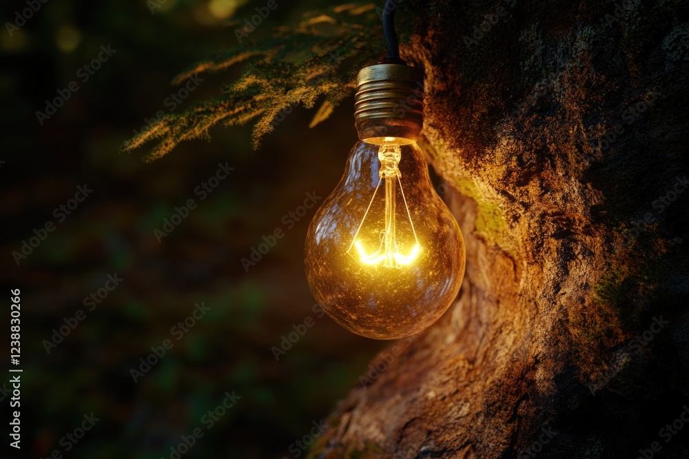 Poster a single light bulb hangs from the branch of a tree, providing warm light in the dark
