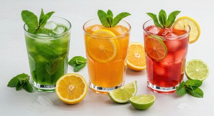 Fototapeta premium Create a high-quality photograph featuring three glasses of refreshing drinks placed on a white surface.