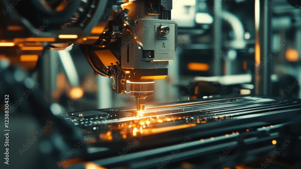 Poster in a technologically advanced factory, a robotic arm precisely assembles a circuit board, showcasing