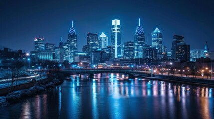 Obraz premium A bright city skyline with tall buildings lit up at night.