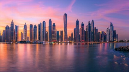 Obraz premium A panoramic shot of a city skyline at sunset.