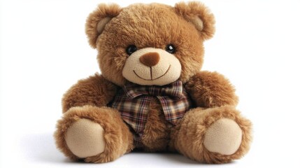 Fototapeta premium Cute brown teddy bear with plaid bow tie sitting and smiling on white background