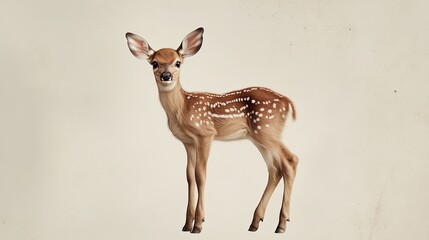 A sleek fawn standing on a muted cream background, slightly turned, high-definition.