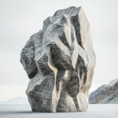 Jagged gray rock formation on flat surface against mountainous background