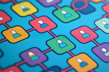 Social network design with colorful squares forming a tree, symbolizing digital relationships, on blue.